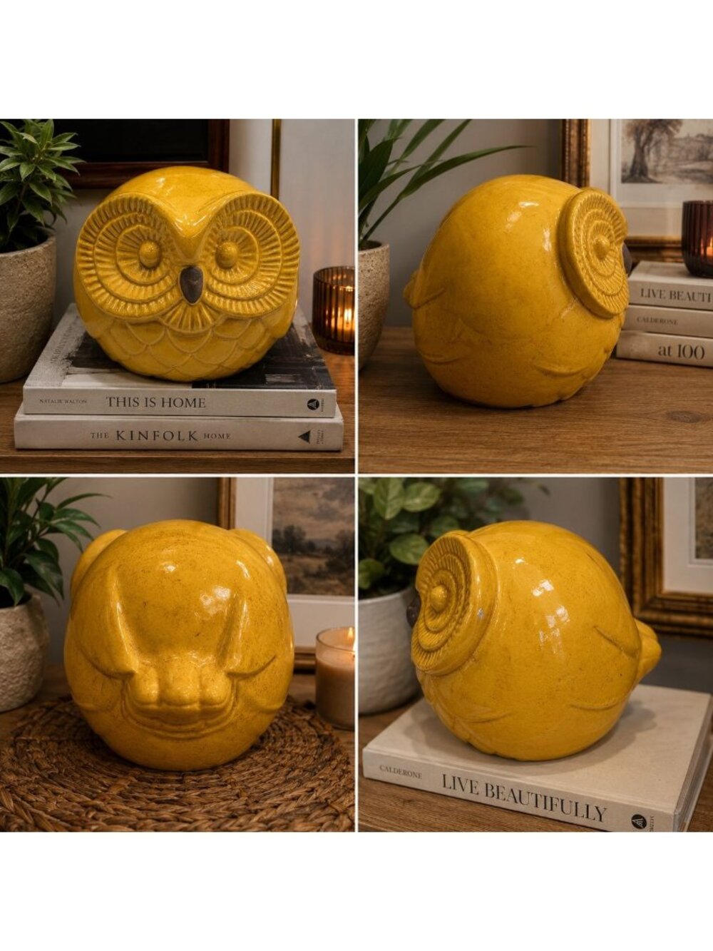 Yellow Ceramic Owl Planter Large Glossy Owl Cachepot Bird Decor